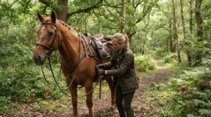 Rider preparing for a long hack using best value safety stirrups on a grey pony.