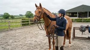 A side-by-side comparison illustrating a bitless bridle vs snaffle bridle during an arena schooling session in the UK.