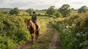 Hacking out across British countryside while considering a bitless bridle vs snaffle bridle for trail riding.