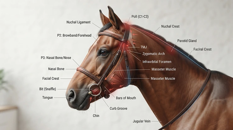 Diagrammatic view showing pressure distribution points in a bitless bridle vs snaffle bridle evaluation.