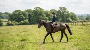 Training session showing the transition phase for a bitless bridle vs snaffle bridle setup in an enclosed paddock.