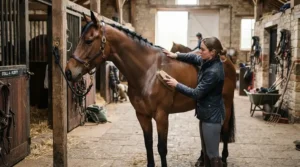 A horse wearing a budget-friendly anatomic girth fitted properly behind the front legs during grooming