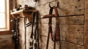 A budget friendly elasticated jumping girth hanging neatly in a modern stable tack room