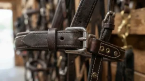 Close-up of budget safety stirrups attached to a dressage saddle during a UK riding lesson.