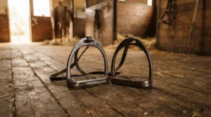 A pair of shiny affordable stainless steel stirrups resting on a stable floor