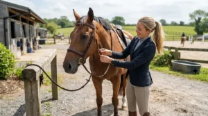 Equestrian rider checking cheap safety stirrups before mounting their horse in a British arena.