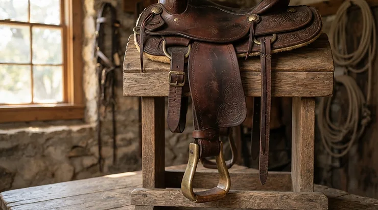A discount anatomic girth attached securely to the saddle flaps of an English riding saddle
