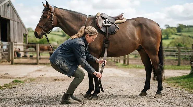 A rider fastening a discount jumping girth while preparing the horse for a jumping lesson, affordable jumping girth