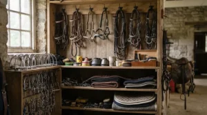 Selection of discount safety stirrups organized on a wooden rack in a British tack room.