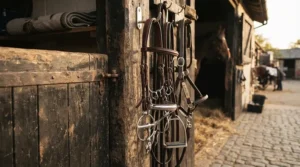 Discount stainless steel stirrups reflecting sunlight outside a stable block