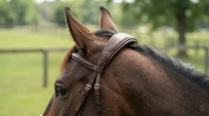 Anatomically shaped crownpiece design on a premium double bridle for dressage for enhanced equine comfort.