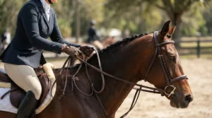 The dual rein arrangement of a traditional double bridle for dressage held securely in the rider's hands.