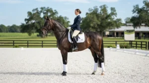 Horse and rider performing a precise halt down the centerline using a double bridle for dressage.
