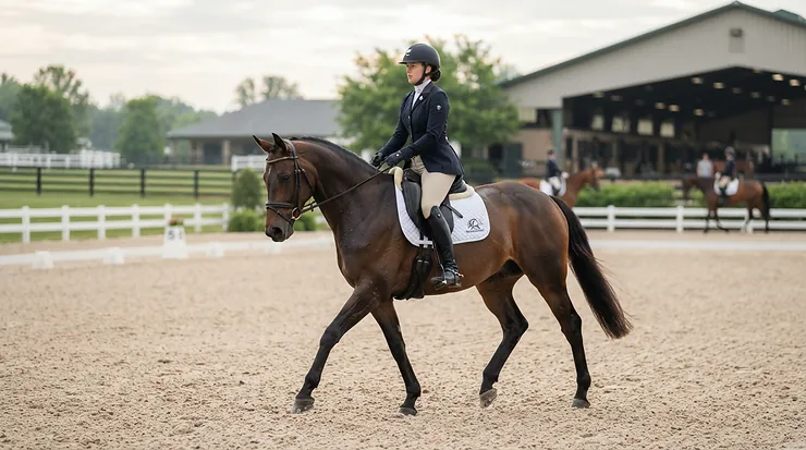 Rider warming up in a dressage arena wearing a smart double bridle for dressage before a test.