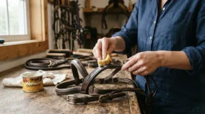 Groom applying leather balsam to maintain a supple double bridle for dressage in a tack room.
