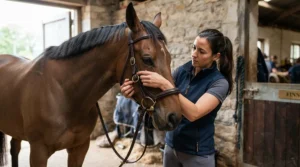 Demonstration of correct sizing and adjustment on a double bridle for dressage during a fitting session.
