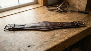 An economical stud girth designed to protect a horse belly during British showjumping