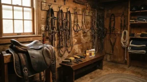 A low-cost anatomic girth neatly hung on a wooden saddle rack alongside other equestrian gear