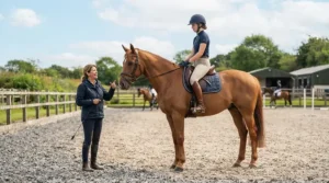 Beginner equestrian learning to ride with low-cost safety stirrups at a UK riding school.