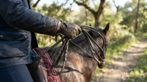 Rider hands holding double reins while discussing pelham bit vs snaffle bit advantages.