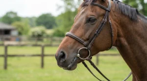 Close-up showing pelham bit vs snaffle bit action on a horse's head during a schooling session.