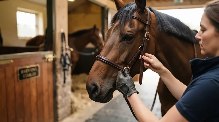 Fitting a show bridle for showing a coloured gelding in the morning grooming bay