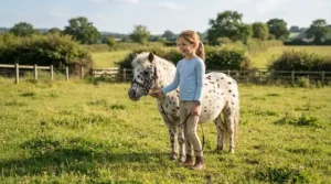 A small child and lead-rein pony wearing a neat show bridle for showing in the children's section