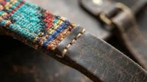 A detailed view of a show bridle for showing featuring a traditional multicoloured plaited browband