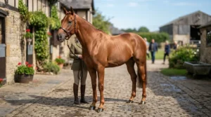 An elegant show bridle for showing a large riding horse standing square on a tarmac surface