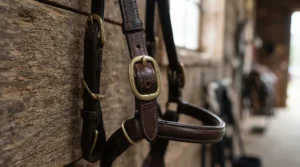 Close-up of a rolled leather show bridle for showing a hack, highlighting the fine stitching and cheekpieces