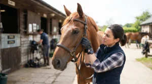 An equine specialist checking the fit of a snaffle bit for a young horse in a stable yard