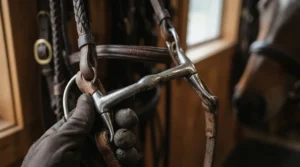 Close-up view of a mouthpiece material on a snaffle bit for a young horse showing sweet iron