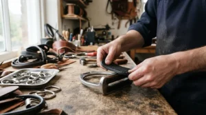 Fitting rubber ring guards onto a snaffle bit for a young horse in the tack room