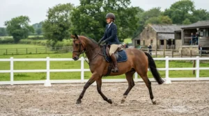 Rider schooling in an outdoor arena using a gentle snaffle bit for a young horse