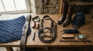 Single jointed snaffle bit for a young horse displayed clearly on a wooden surface