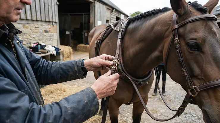 Rider correctly measuring and adjusting a breastplate for eventing sizing
