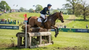 A secure breastplate for eventing fitted on a horse tackling a cross country fence