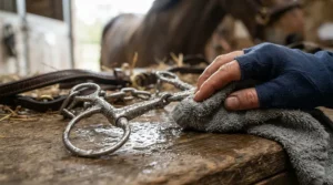 Cleaning a metal loose ring snaffle bit with a sponge in a stable wash bay