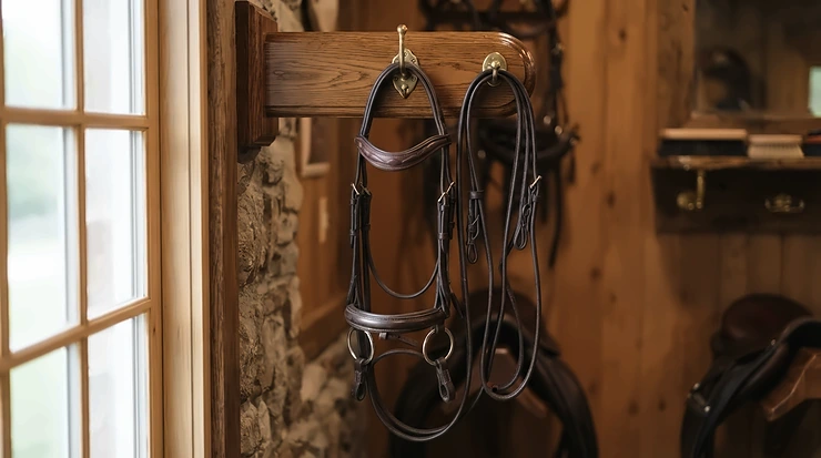 A correctly fitted loose ring snaffle bit attached to a leather bridle in the tack room