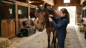 A rider checking the fit of a breastplate for eventing in the stable yard