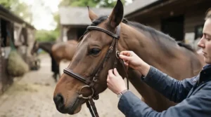An equestrian adjusting cheekpieces and reins on a gag bit for strong horse comfort and correct fit.