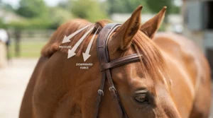 An illustrative guide on how poll pressure works with a gag bit for strong horse responsiveness.