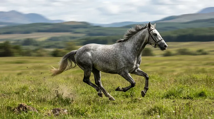 A powerful grey horse stretching into a gallop, demonstrating why a gag bit for strong horse is needed.