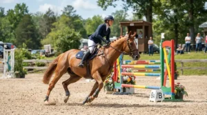 A rider navigating a tight turn in a showjumping arena using a gag bit for strong horse management.