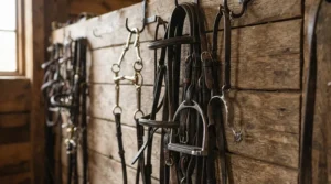 A polished stainless steel gag bit for strong horse handling displayed neatly in a traditional tack room.