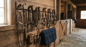 A durability comparison of a leather headcollar vs nylon headcollar hanging in a stable tack room