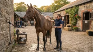 A horse tied up for grooming wearing a leather headcollar vs nylon headcollar in the yard