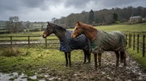 A leather headcollar vs nylon headcollar being compared on horses in a muddy British paddock during winter