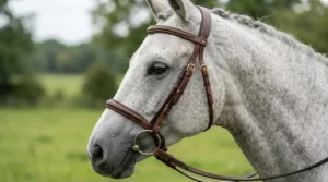 Premium leather standing martingale for horse shown on a grey mare ready for competition.