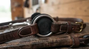 A loose ring snaffle bit paired with rubber guards to prevent lip pinching